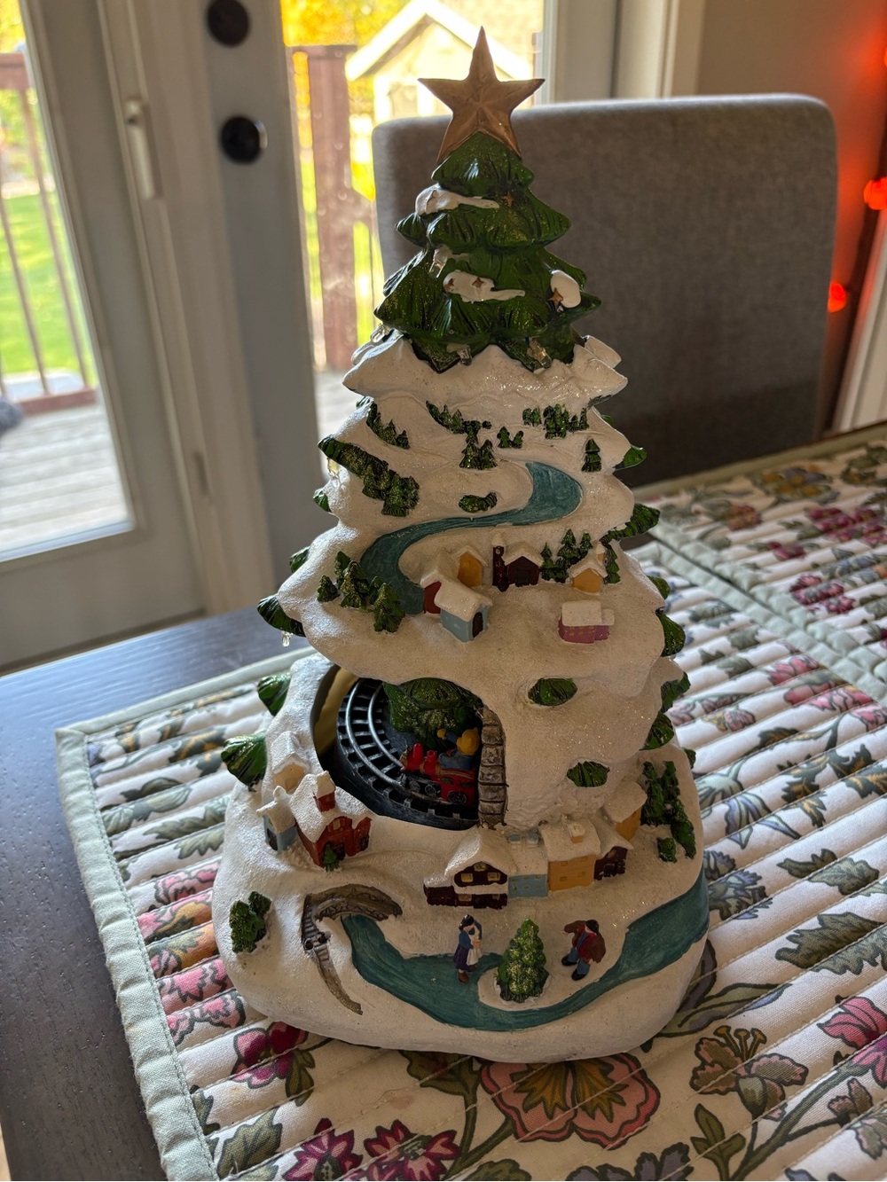 Green and White Ceramic Christmas Tree with Village Scene